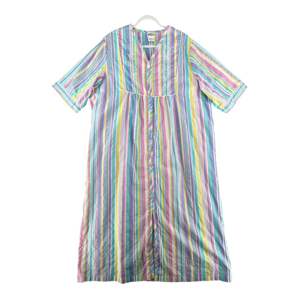 Collections Etc Housecoat Nightgown Pastel Stripe‎ Embroidered Womens X-Large